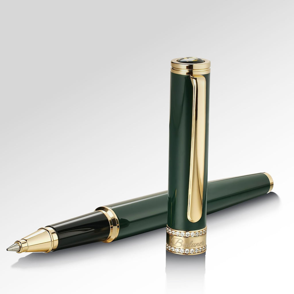 BEILUNER - Bolígrafo de rodillo de laca verde, diseño de tapa con diamantes incrustados, borde de 24K de oro, noble y elegante, recarga de tinta Schneider, el mejor set de regalo de bolígrafo para