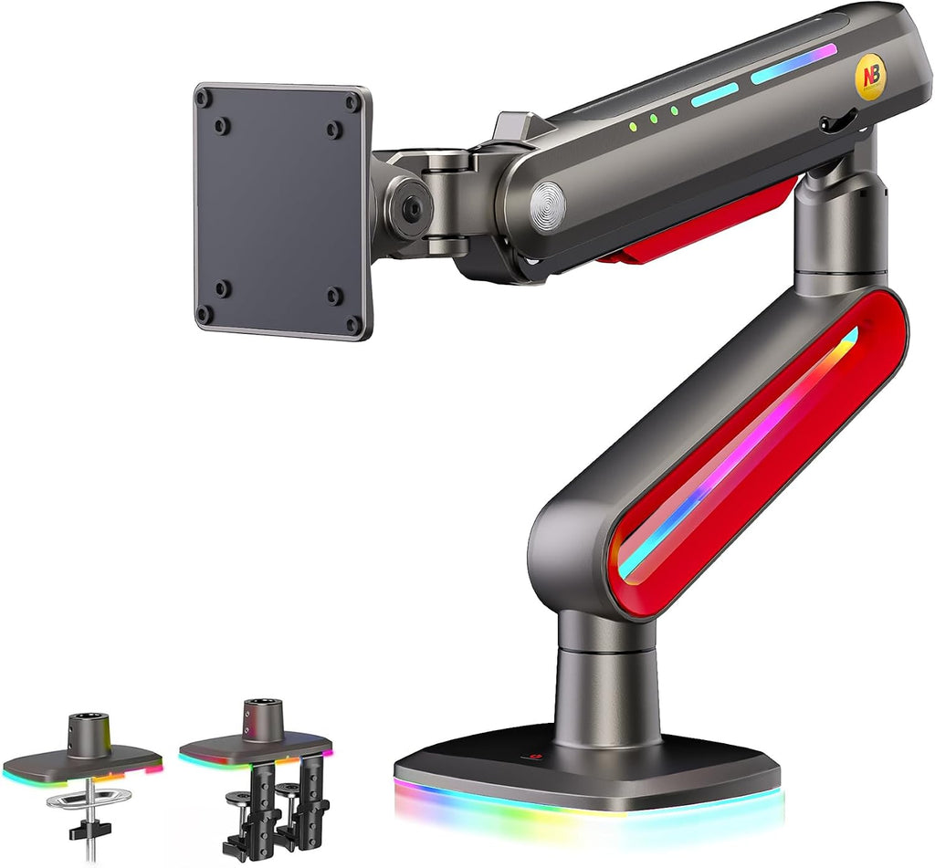 NB Designer - Brazo para monitor de juegos para pantalla de 32 a 60 pulgadas, carga de hasta 44.1 lbs, VESA 75/100, RGB-Light, resistente, ajustable multiángulo, aluminio premium, extensión de brazo largo rojo