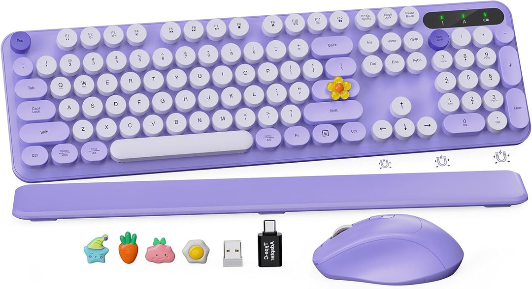 Wireless Keyboard and Mouse Combo, Round Keycaps, Full-Size Retro T...