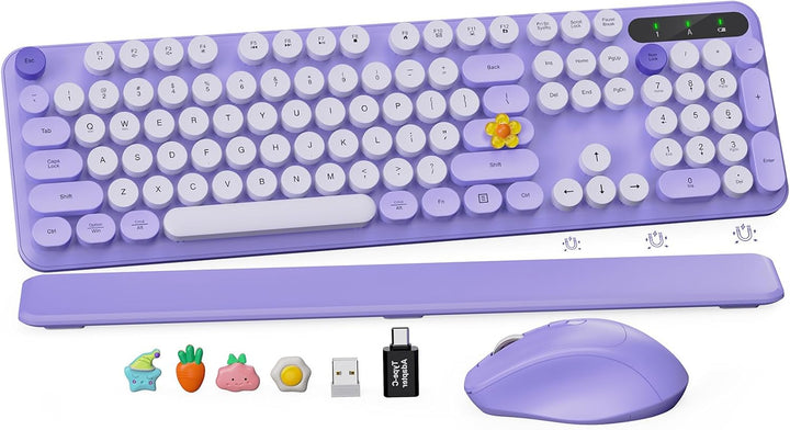 Wireless Keyboard and Mouse Combo, Round Keycaps, Full-Size Retro T...