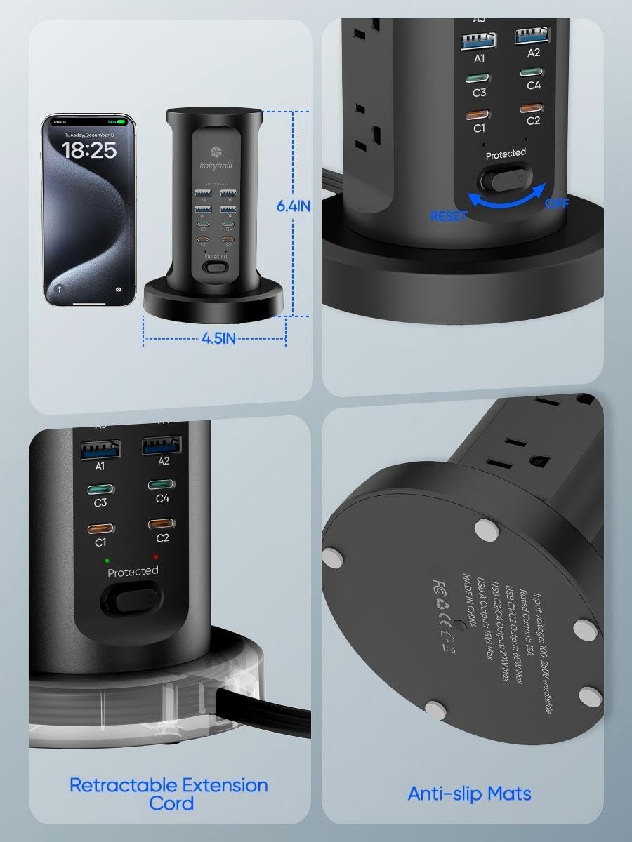 Estación de Carga USB de 115W, Torre de regleta con 9 tomas AC y 8 USB