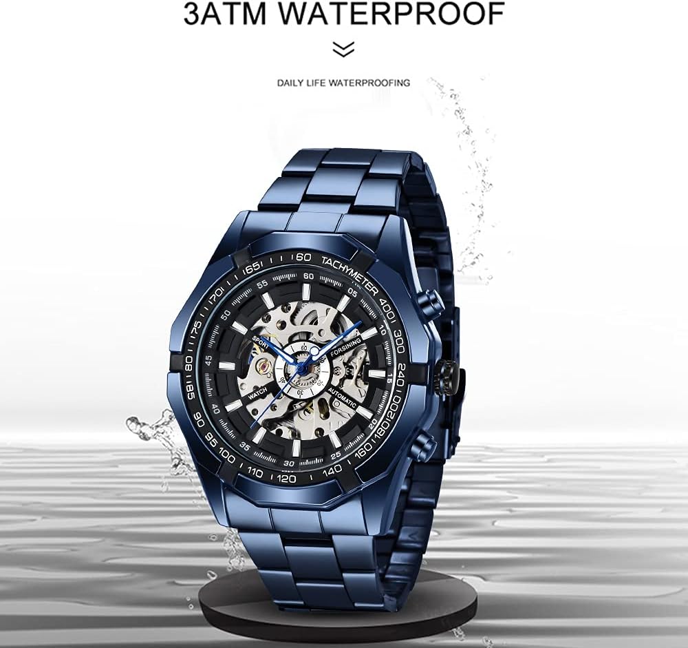 Tiong Hombre Reloj Mecánico Automático Esqueleto de Acero Inoxidable
