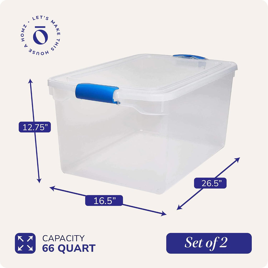HOMZ Almacenamiento de plástico, cubos de almacenamiento apilables modulares con asas de cierre azules, 66 cuartos, transparente, 2 unidades (.2 juegos (66 cuartos de galón)