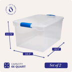 HOMZ Almacenamiento de plástico, cubos de almacenamiento apilables modulares con asas de cierre azules, 66 cuartos, transparente, 2 unidades (.2 juegos (66 cuartos de galón)
