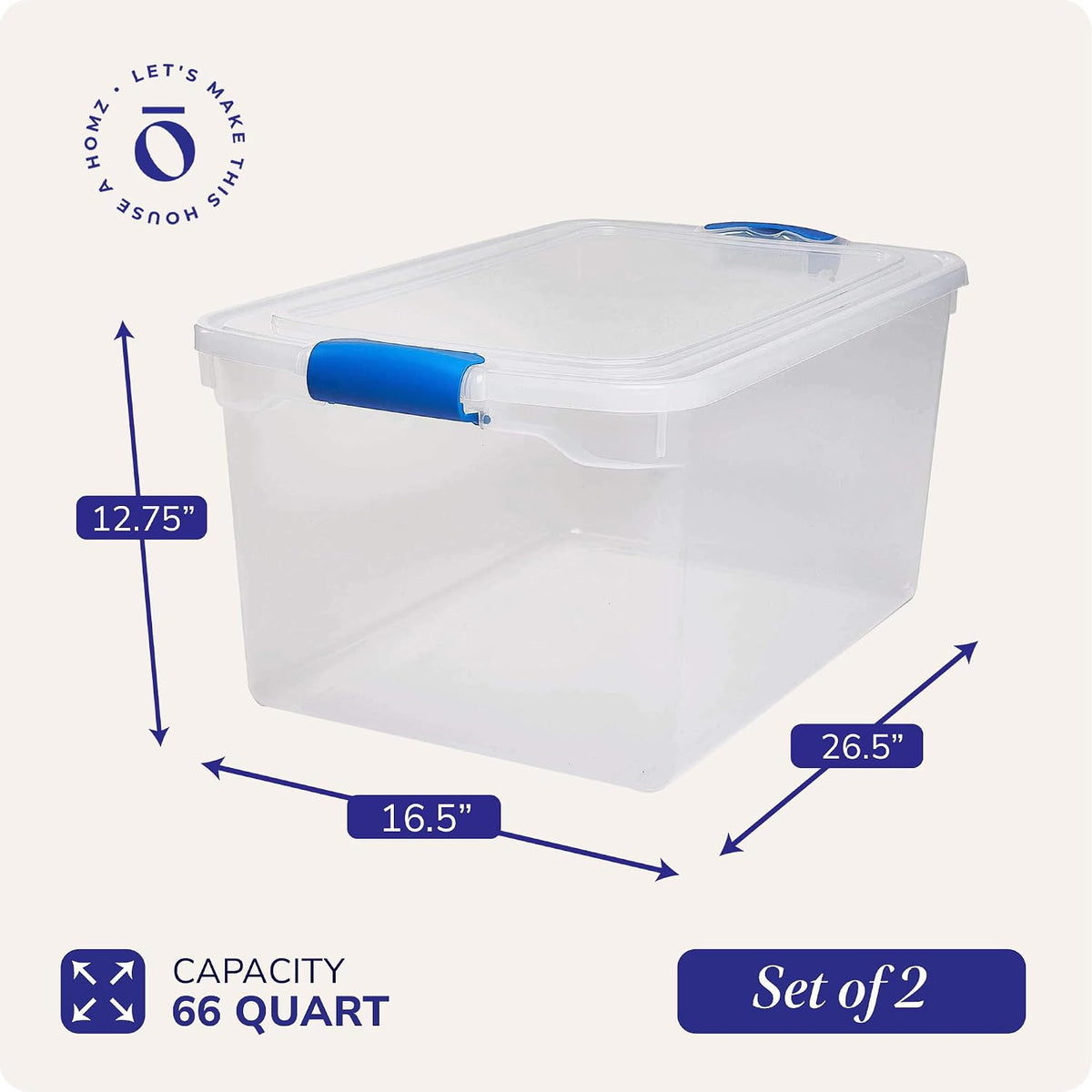 HOMZ Almacenamiento de plástico, cubos de almacenamiento apilables modulares con asas de cierre azules, 66 cuartos, transparente, 2 unidades (.2 juegos (66 cuartos de galón)