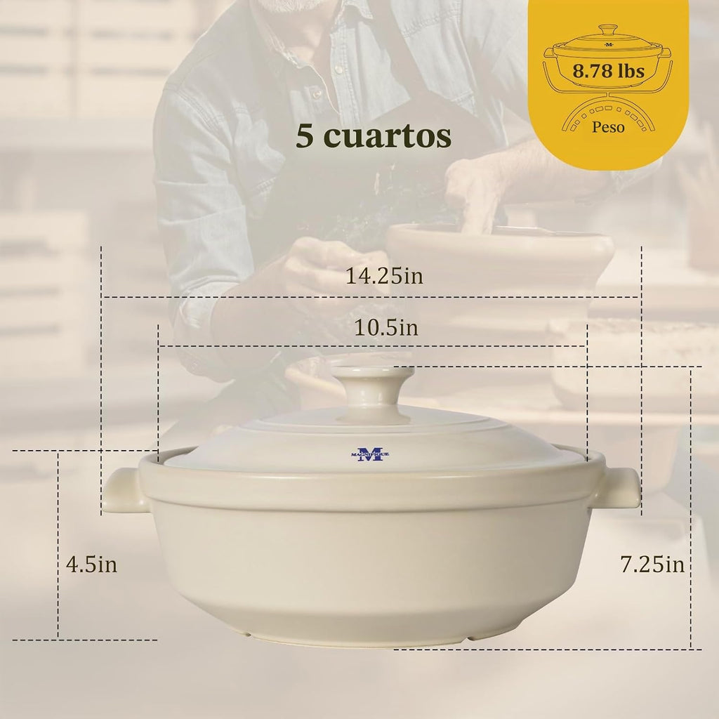 Magnifique - Olla de franela de 5 cuartos de galón con tapa, olla de arcilla natural para cocinar, cacerola no tóxica sin PFAS para horno y estufa, horno holandés para cocción lenta, hornear y servir
