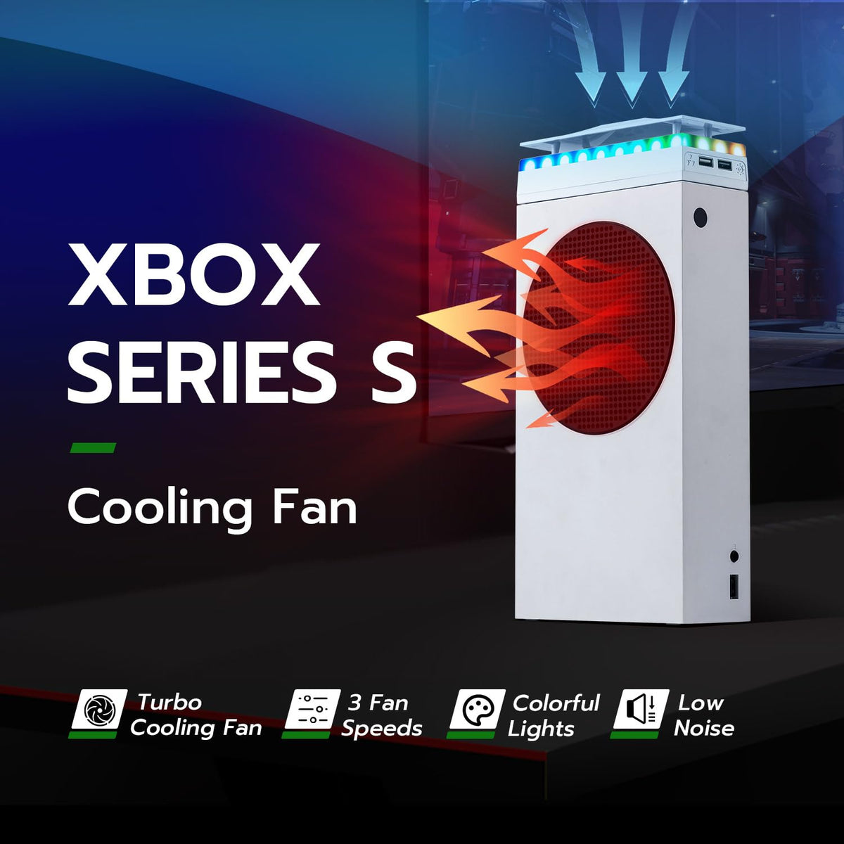 Mcbazel Ventilador de Enfriamiento RGB para Xbox Series S, Sistema de Enfriamiento con 3 Niveles de Velocidad Ajustables, Banda de Luz RGB de 7 Modos, Filtro de Polvo, Bajo Ruido y 2 Puerto USB, Ventilador Enfriador para Xbox Series S (Solo Consola)