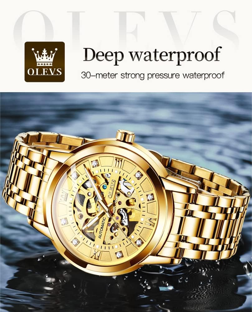 Reloj mecánico automático para hombre OLEVS Gold Skeleton, autoviento, de lujo para vestir, brillante con diamantes, acero inoxidable, resistente al agua, luminoso, de pulsera