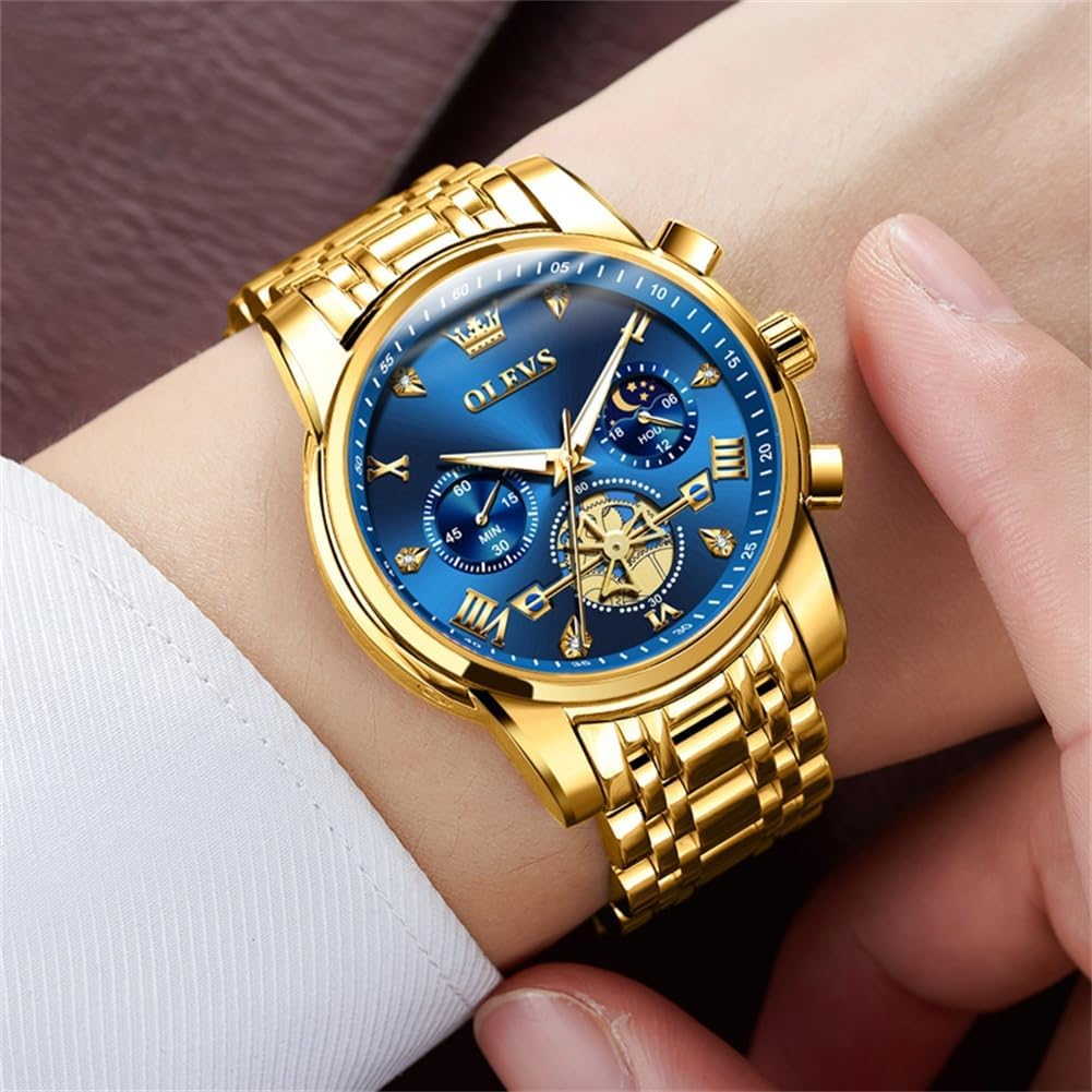OLEVS Relojes para hombre, resistente al agua, de lujo, gran cara, reloj analógico de cuarzo de acero inoxidable, relojes de vestir analógicos para hombre, luminoso, multifuncional, reloj de hombre