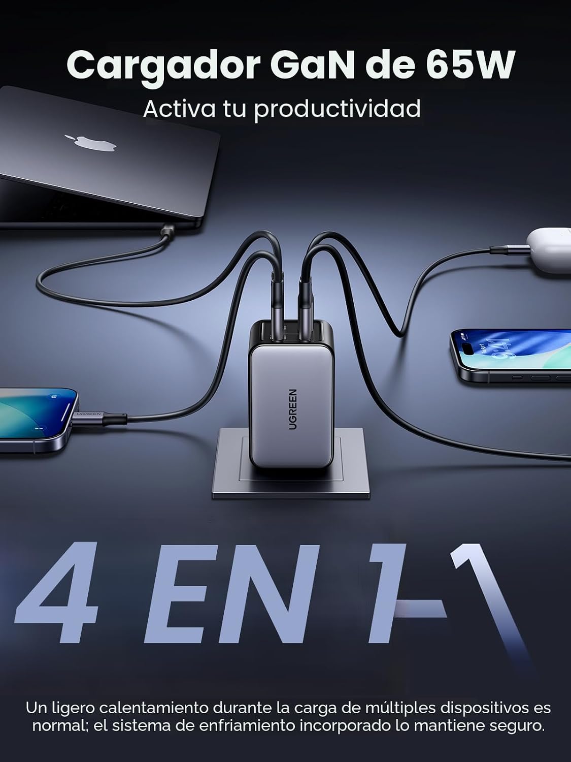 UGREEN Nexode 65W Cargador de Pared, 4 Puertos, Bloque de Carga Rápida GaN