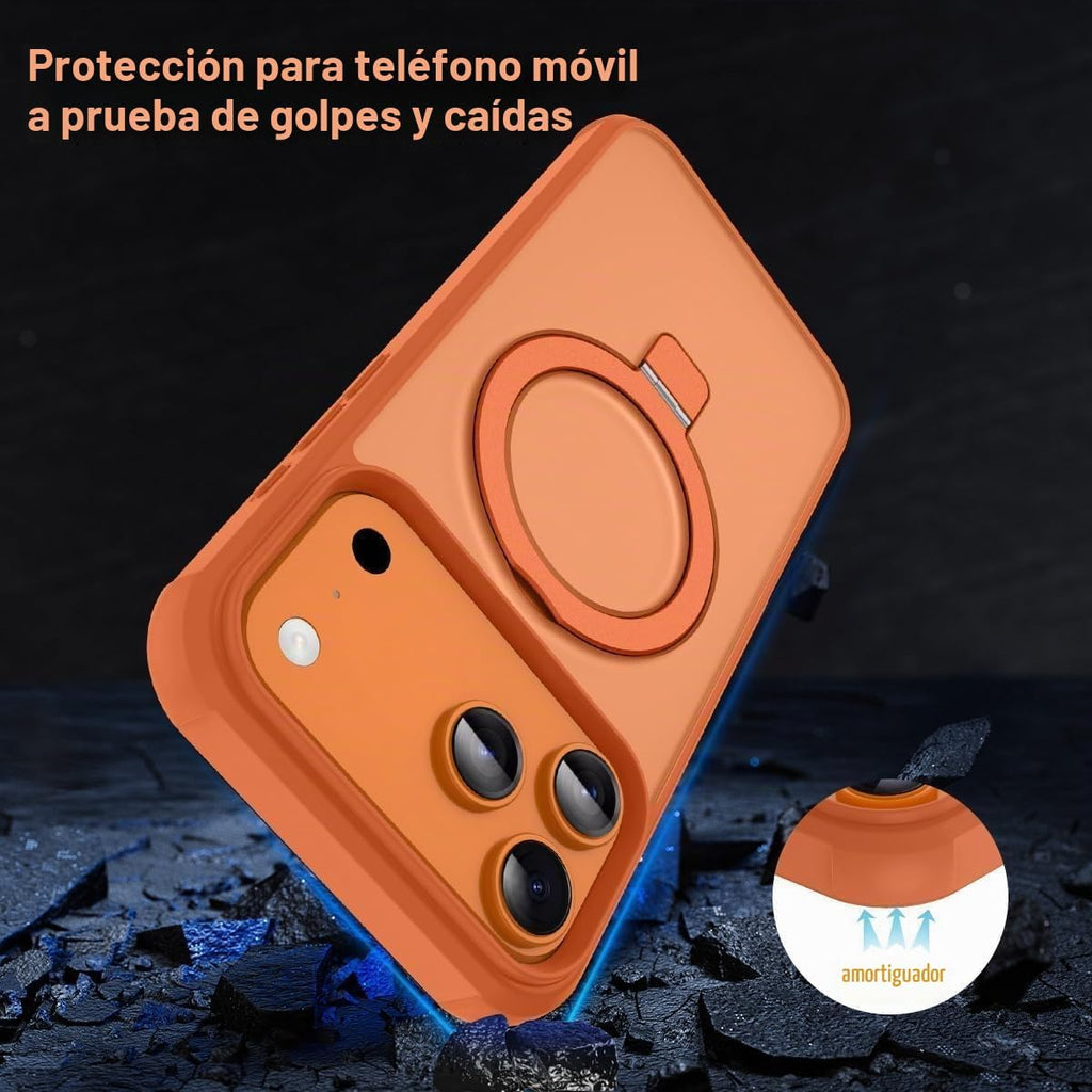 Funda magnética compatible con iPhone 17 Pro con soporte, prueba de caídas de grado militar, compatible con imán, anillo translúcido, parte trasera dura, borde suave, color naranja cósmico