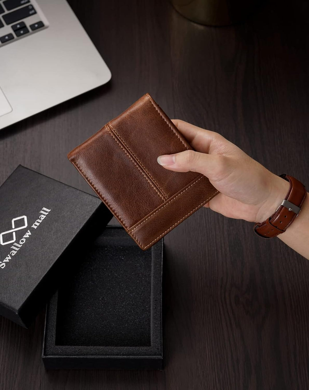 Swallowmall Cartera de cuero para hombre, billetera plegable de cue...