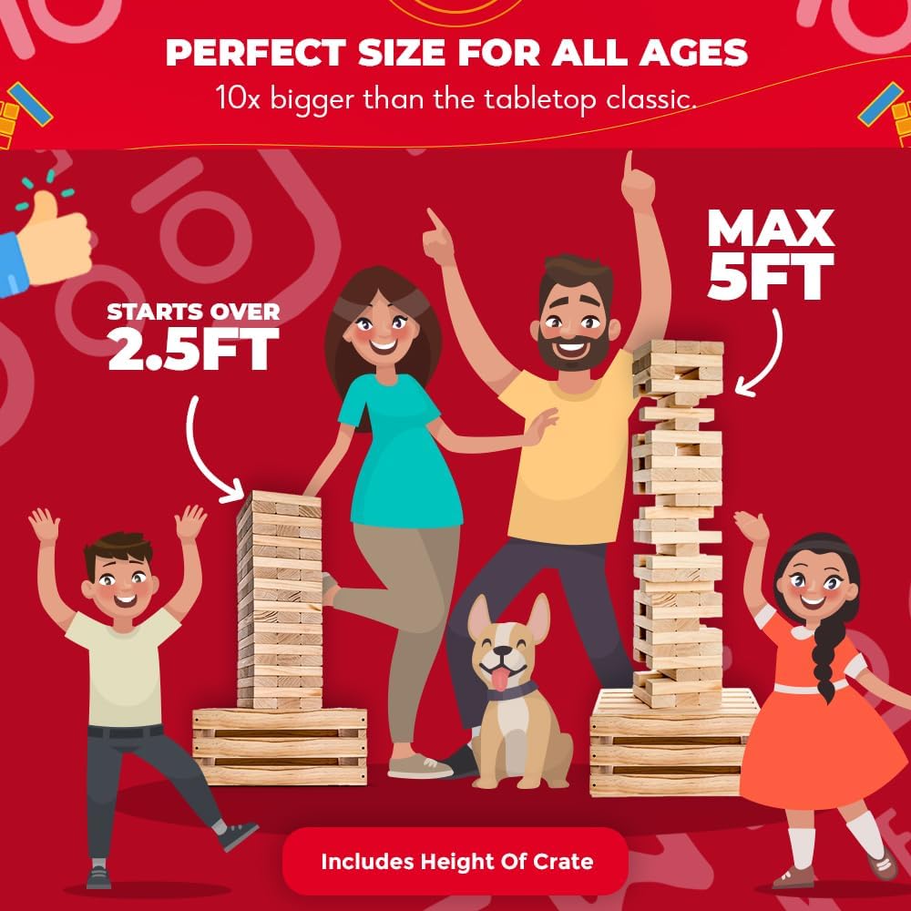 Splinter Woodworking - Juego de torre gigante Co | 60 bloques grandes | Caja de almacenamiento/mesa de juegos al aire libre | Comienza con más de 2.5 pies de altura | Altura máxima de 5 pies | Juegos de patio de superposición jumbo genuinos | Juego de