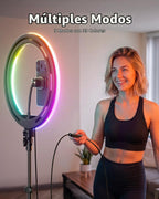 TODI Anillo de luz RGB de 12 pulgadas con soporte de trípode de 63 pulgadas, 3 modos CCT y 39 modos de color. Anillo de luz para selfie con soporte, 2 en 1 luz LED con mando a distancia para selfie