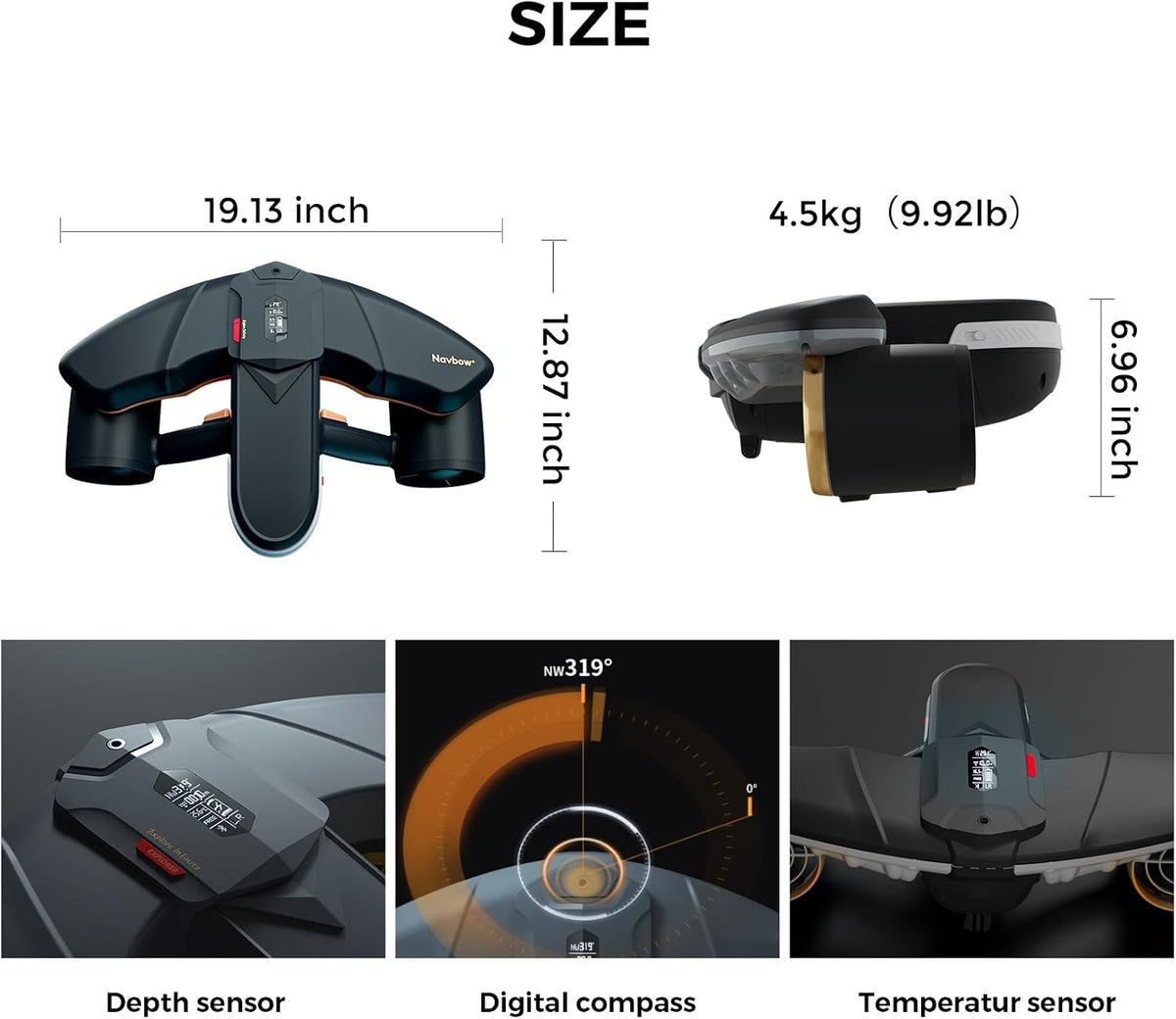 sublue Navbow Plus Smart Underwater Scooter con Depth Gauge, Temperature Sensor, Compass, Action Camera Mount, 131ft Waterproof para Diving & Snorkeling & Sea Adventures