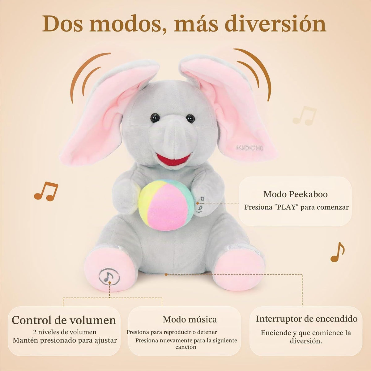 Peek a Boo Elefante de juguete, juguete musical interactivo para