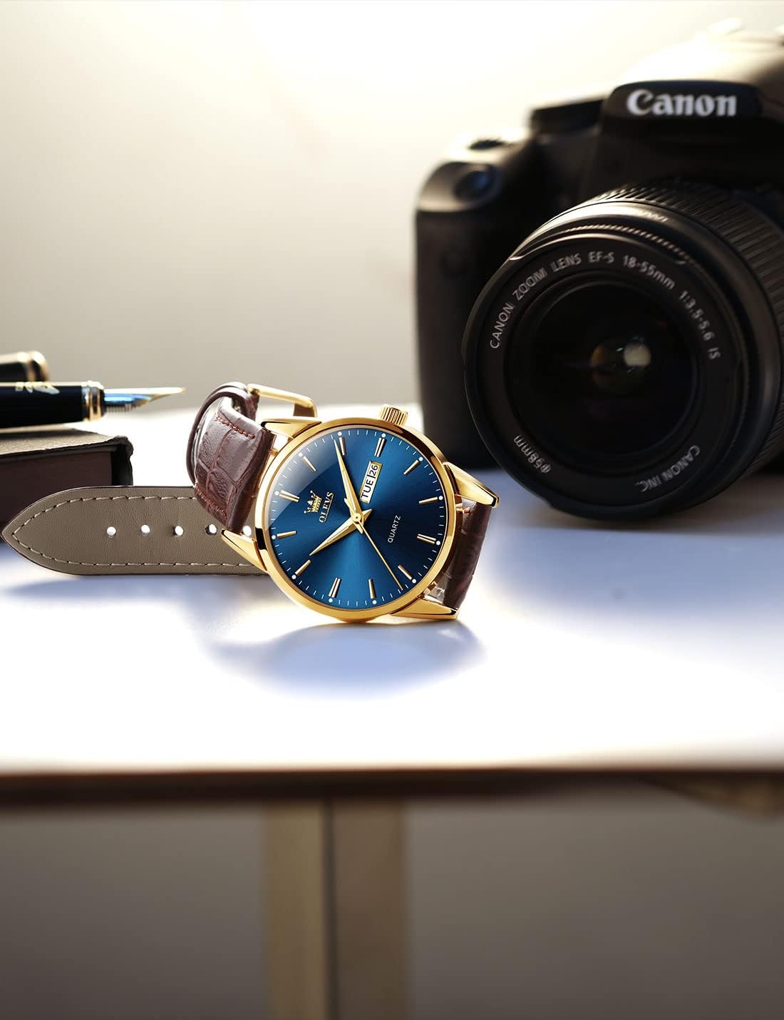 OLEVS Relojes de Cuero para Hombres, Casual, Fácil de leer, Quartz, Números, Resistente al Agua