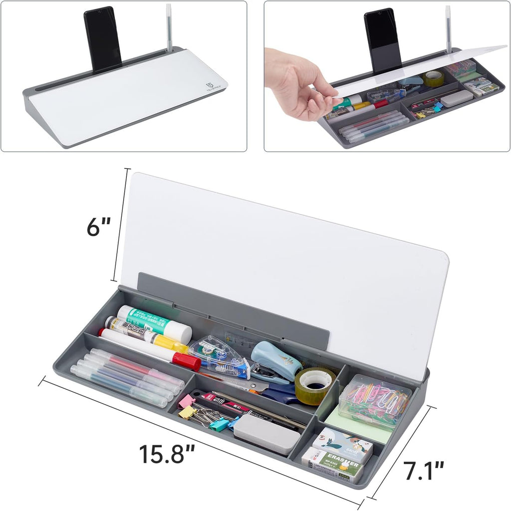 Pizarra blanca pequeña de cristal de borrado en seco, soporte para teclado de computadora, almohadilla de superficie blanca con cajón, organizadores de escritorio con accesorios para oficina, hogar