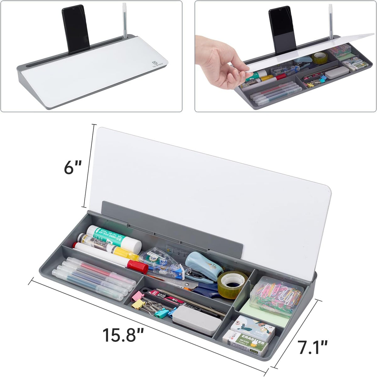 Pizarra blanca pequeña de cristal de borrado en seco, soporte para teclado de computadora, almohadilla de superficie blanca con cajón, organizadores de escritorio con accesorios para oficina, hogar