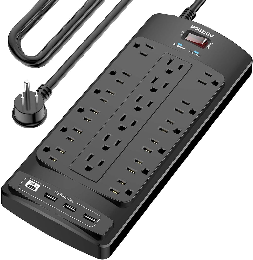 Regleta protectora de sobretensiones de 18 tomacorrientes – Cable de extensión de enchufe plano de 15 pies resistente con 18 tomas amplias y 4 puertos USB, 2100 julios, negro, certificación ETL