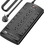Regleta protectora de sobretensiones de 18 tomacorrientes – Cable de extensión de enchufe plano de 15 pies resistente con 18 tomas amplias y 4 puertos USB, 2100 julios, negro, certificación ETL