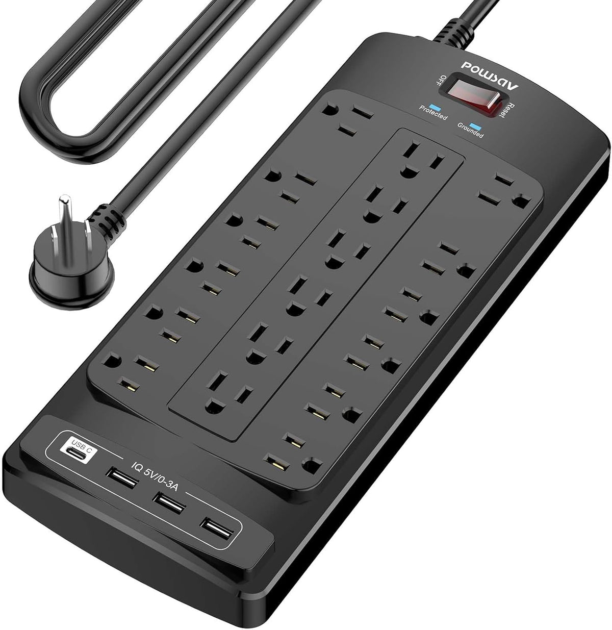 Regleta protectora de sobretensiones de 18 tomacorrientes – Cable de extensión de enchufe plano de 15 pies resistente con 18 tomas amplias y 4 puertos USB, 2100 julios, negro, certificación ETL