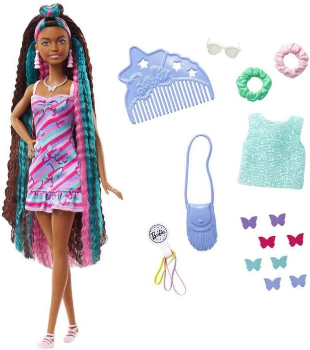 Barbie Muñeca Totally Hair, temática de mariposa con cabello de fan...