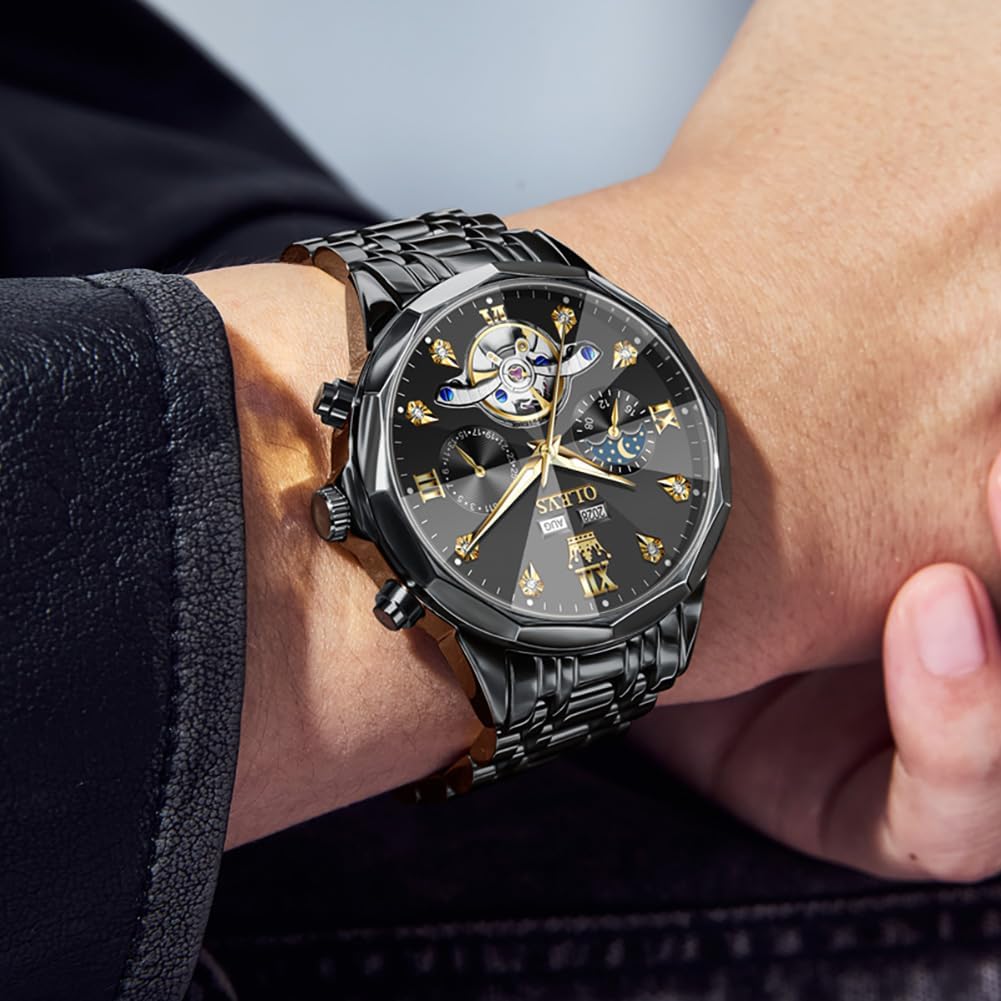 OLEVS Relojes de Hombre Esqueleto Automático Lujo de Negocios Diamante Autoentregado (Self Winding) Reloj de Pulsera de Acero Inoxidable con Calendario