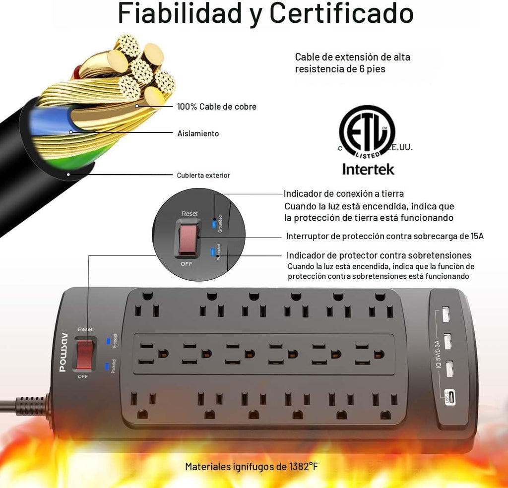 Regleta protectora de sobretensiones de 18 tomas – Cable de extensión de enchufe plano de 6 pies resistente con 18 tomas amplias y 4 puertos USB, 2100 julios, negro, certificación ETL