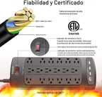 Regleta protectora de sobretensiones de 18 tomas – Cable de extensión de enchufe plano de 6 pies resistente con 18 tomas amplias y 4 puertos USB, 2100 julios, negro, certificación ETL