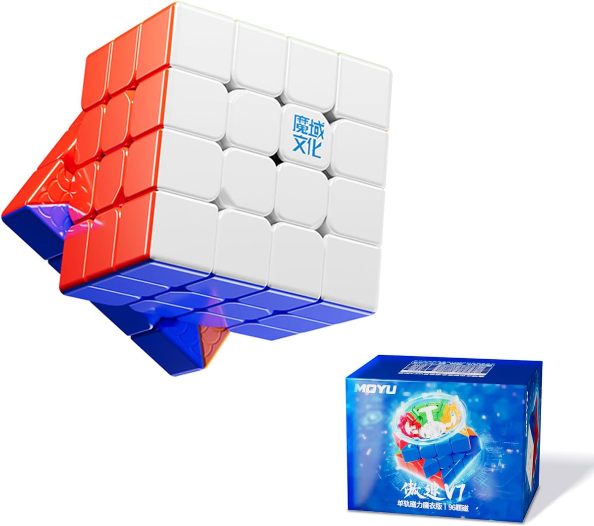 Moyu Aosu V7 4x4 - Cubo magnético sin adhesivo con revestimiento UV, cubo Moyu Cube 4 por 4, edición insignia, 96 imanes, diseño antiadherente, elástico ajustable, cubo magnético (revestimiento UV)