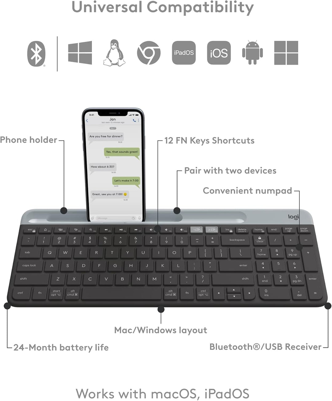 Logitech K585 Teclado inalámbrico delgado multidispositivo, base in...