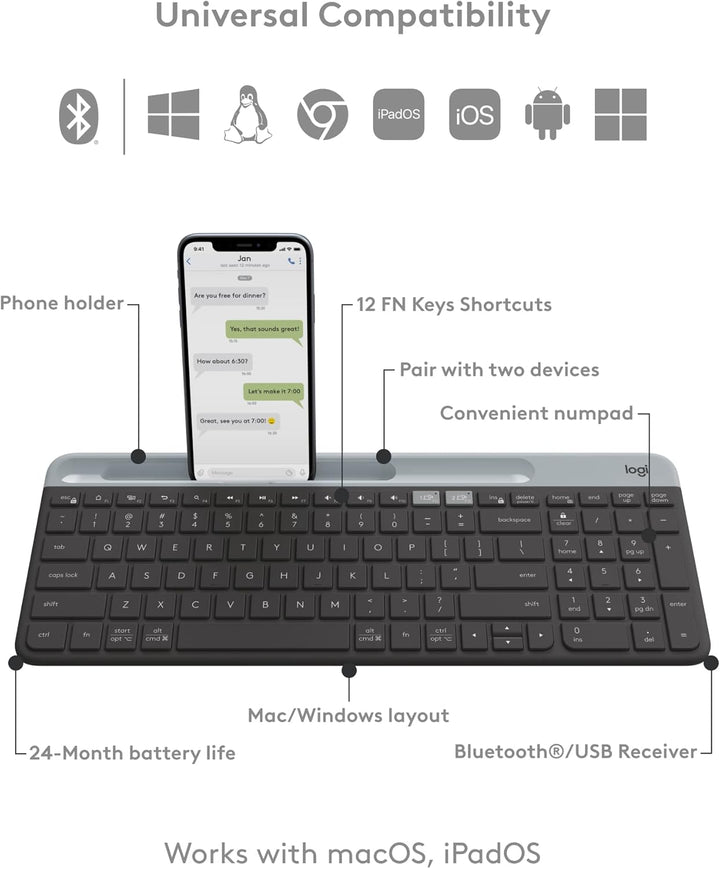 Logitech K585 Teclado inalámbrico delgado multidispositivo, base in...