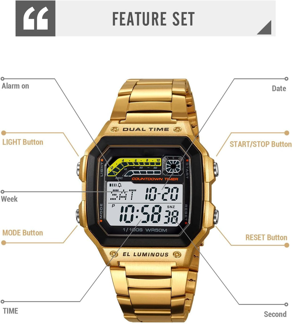 PASOY Reloj de pulsera digital multifunción para hombre, con hora doble, alarma, cronómetro, cuenta regresiva, retroiluminación, resistente al agua
