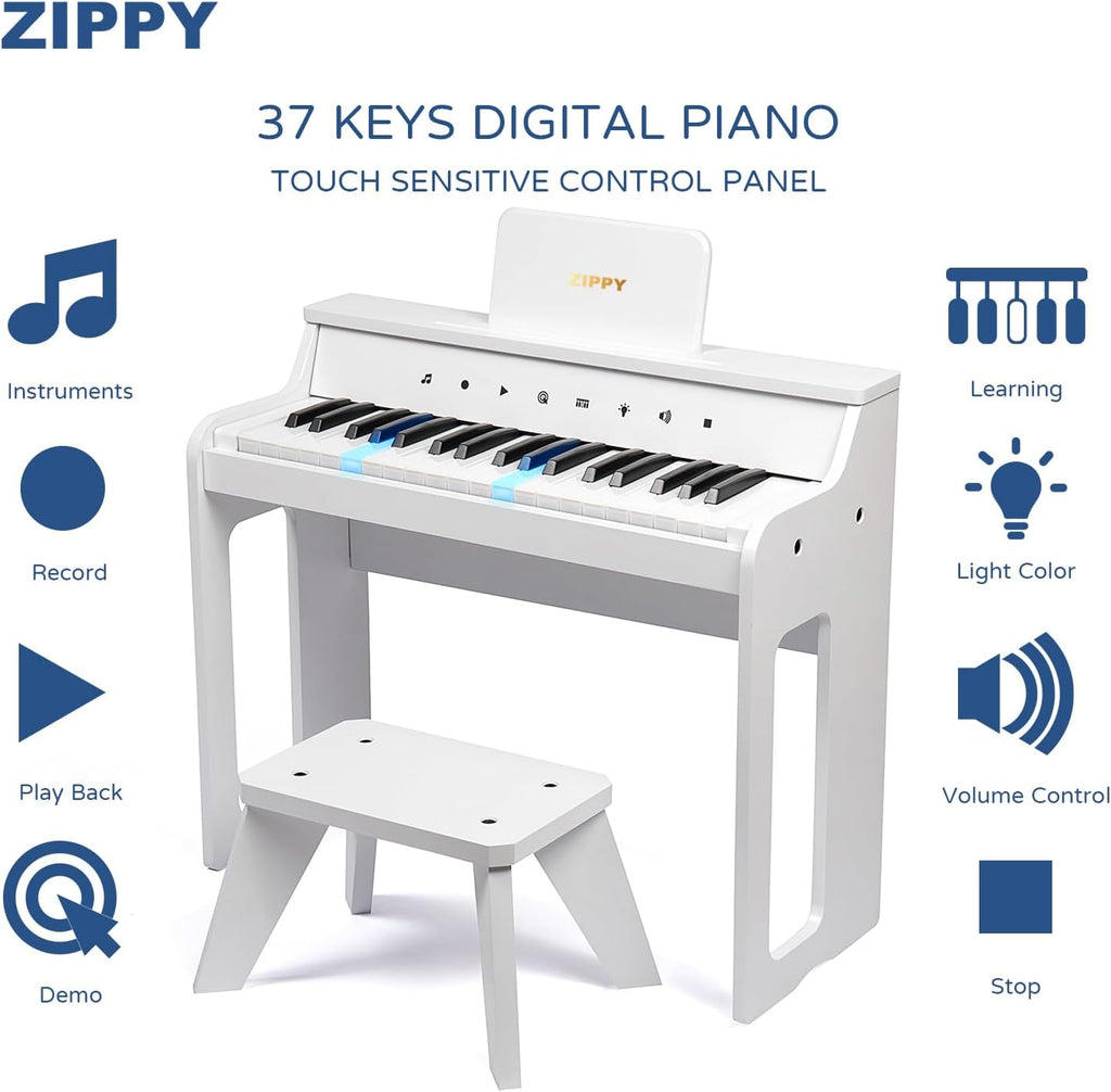 ZIPPY Piano infantil iluminado de 37 teclas con panel de control táctil