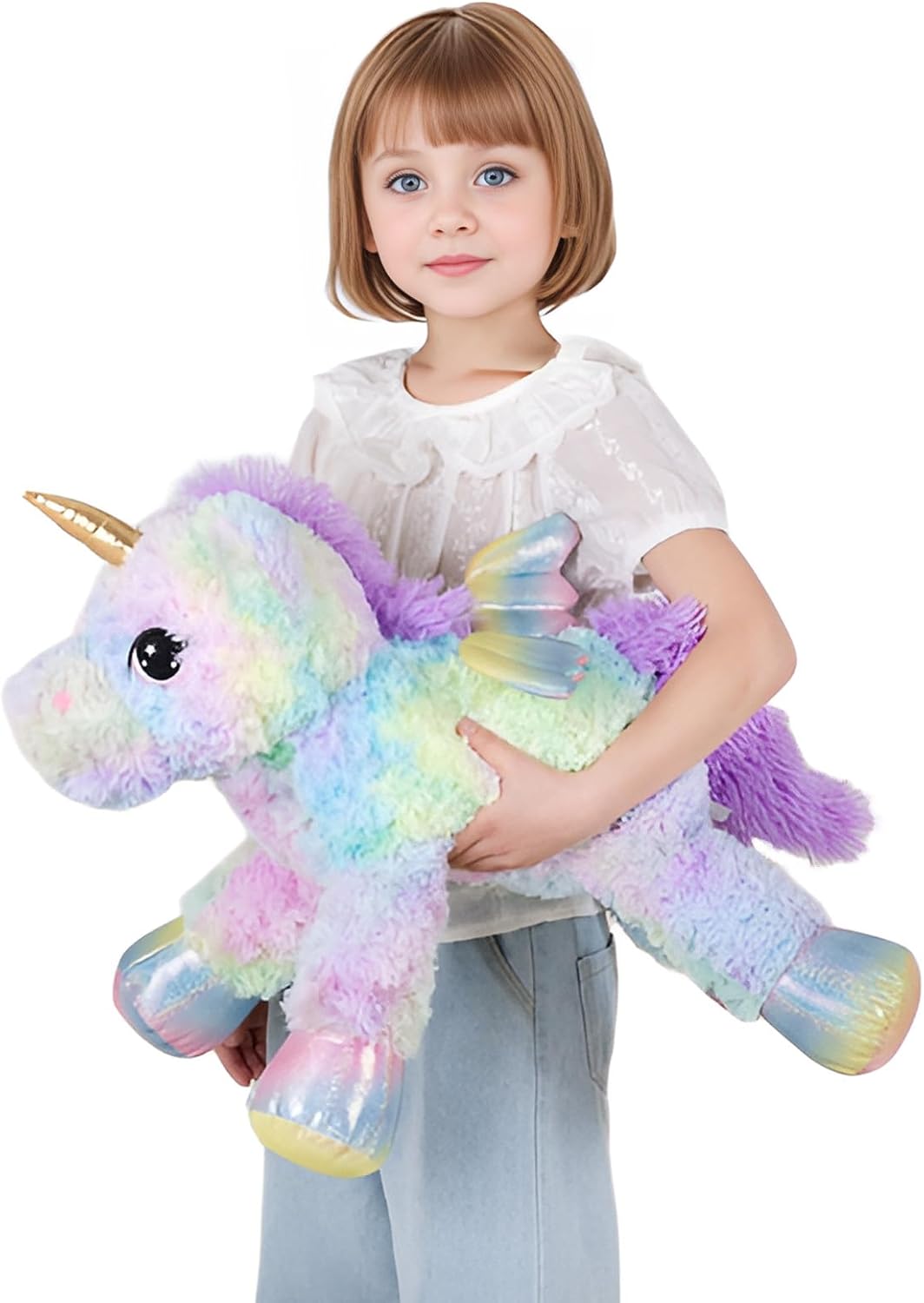 Animal de peluche de unicornio rosa arcoíris de 24 pulgadas, con alas, suave, lindo y grande, almohada de peluche, regalo para niños, niñas, niños, cumpleaños, San Valentín, Navidad