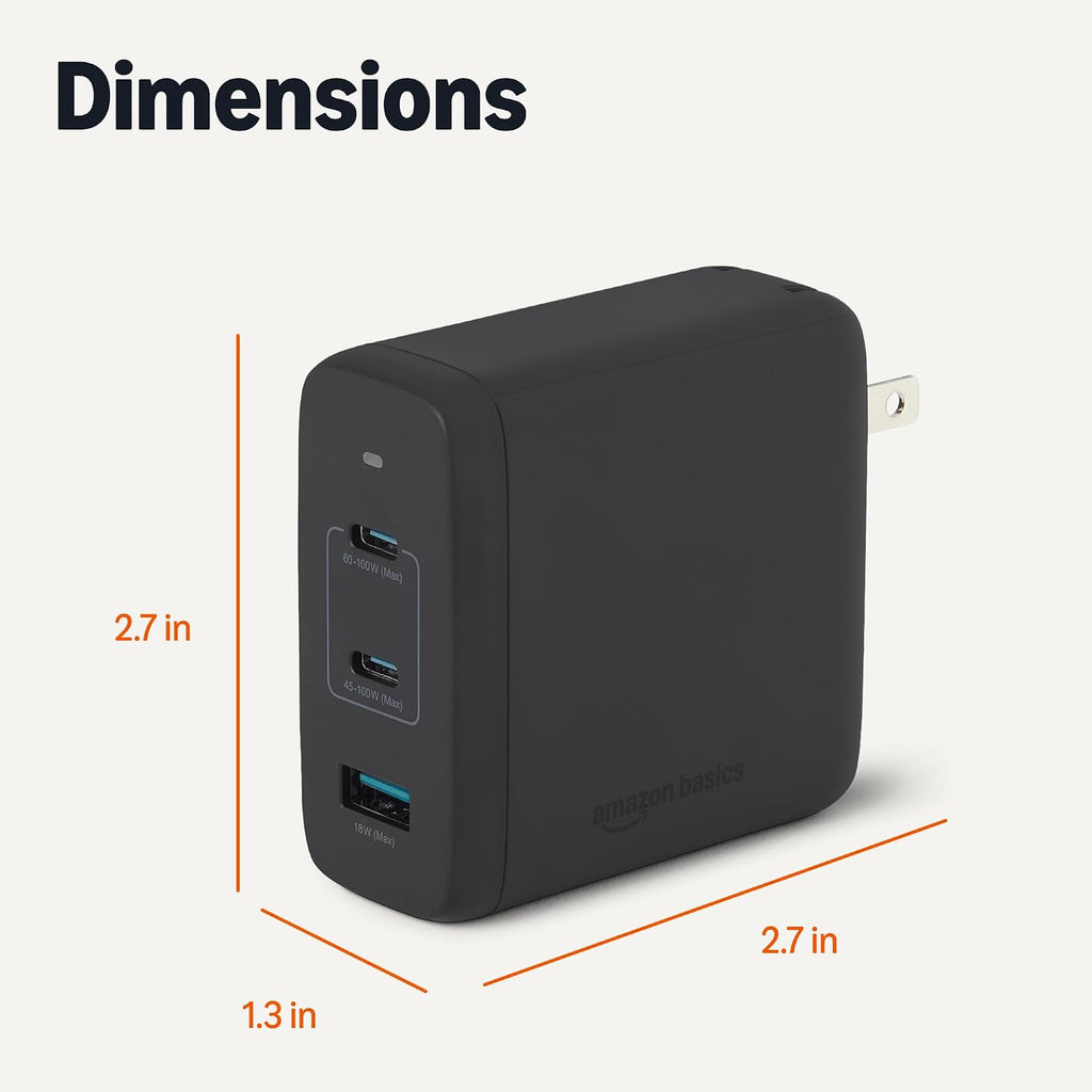 Amazon Basics Cargador de pared USB-C Nano GaN de carga rápida de 120 W, 3 puertos para portátiles, tabletas, teléfonos, tamaño compacto para viajes, negro