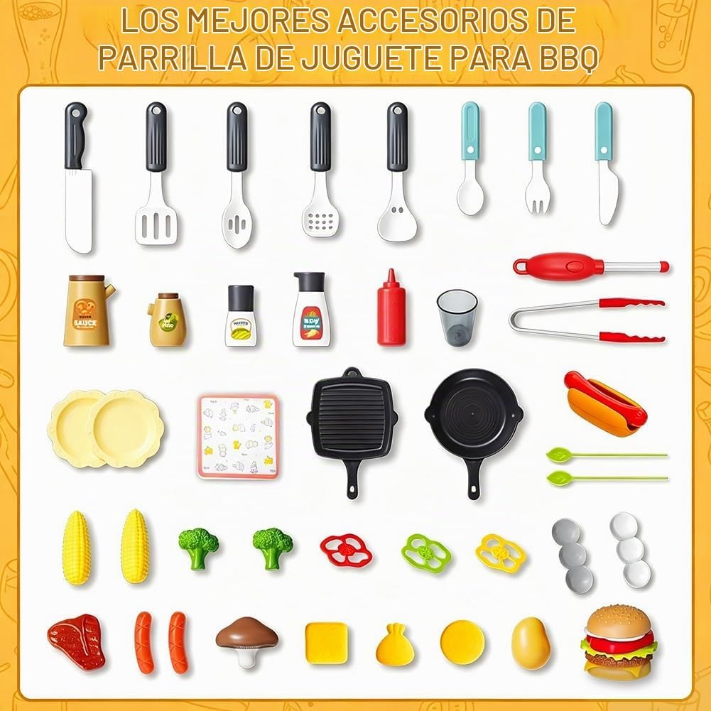 Juego de parrilla para niños, parrilla de juguete para barbacoa con luz de sonido de humo y rueda, juguetes de cocina movibles para niños pequeños de 3 a 5 años, 2 capas de barbacoa, comida, Navidad, regalos de cumpleaños para nietos