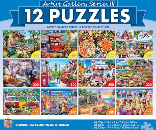 MasterPieces Paquete de 12 Rompecabezas para Adultos, Familia o Niños - Paquete de 12 Rompecabezas de la Galería de Artistas - Rompecabezas de 500, 300 y 100 Piezas