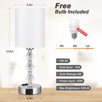 Lámpara Lámparas de cristal táctiles para mesitas de noche de dormitorios con puerto de carga USB C+A y toma de corriente AC, blancas, regulables de 3 niveles, plateadas, lámpara pequeña de mesa lateral para