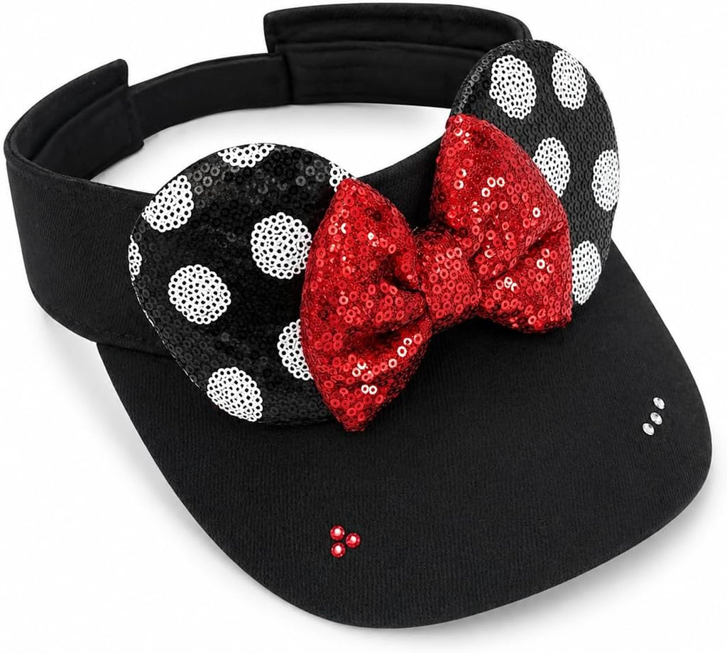 Sombrero brillante con visera de orejas de ratón para mujeres adultas, gorra ajustable con lazo de orejas de ratón de lentejuelas, lindo sombrero de visera con purpurina para parques temáticos y festivales, color negro
