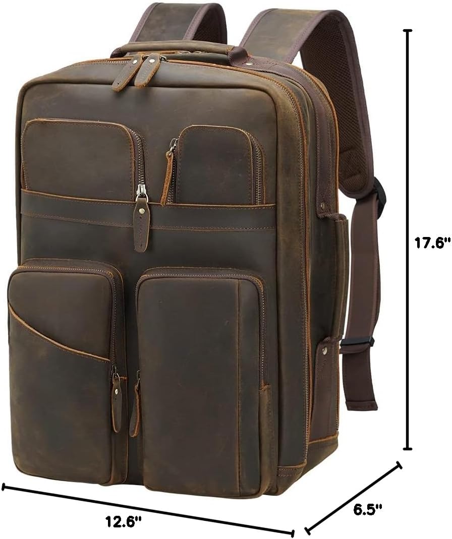 TIDING Mochila para portátil de cuero de grano completo de 17.3 pul...