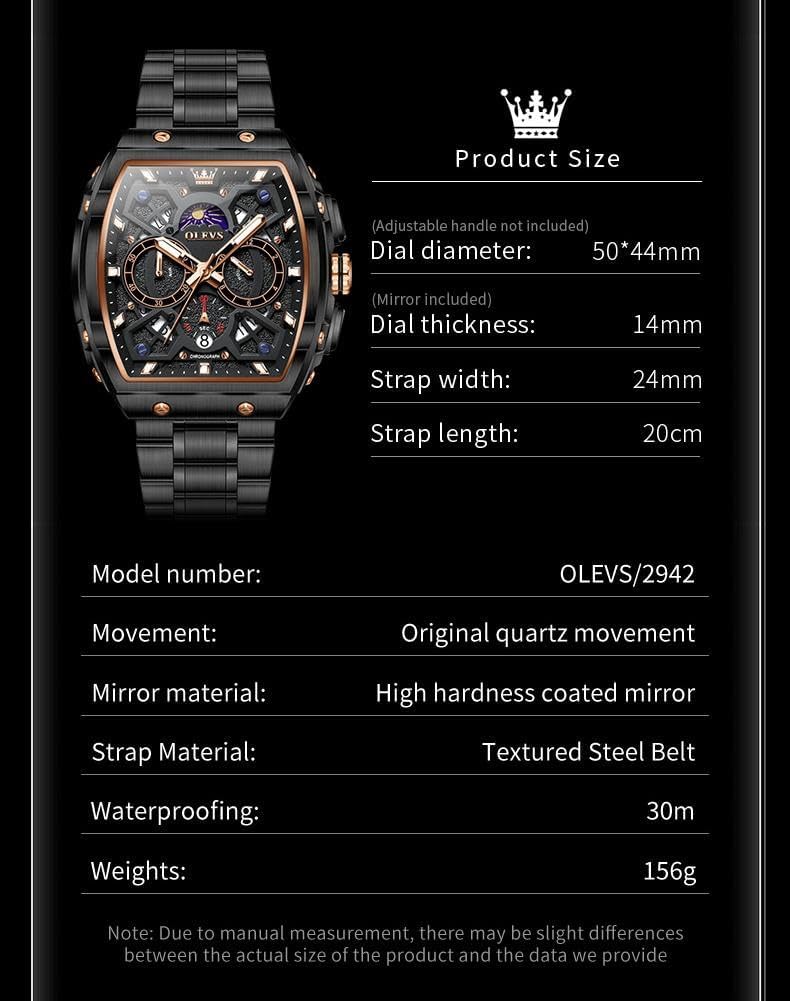 OLEVS Reloj para Hombres Analógico Cuarzo Lujo Diamante Resistente al Agua Cronógrafo Acero Inoxidable Carita Grande Cuadrado Fecha Fase Lunar Romano Relojes de Vestir para Hombres