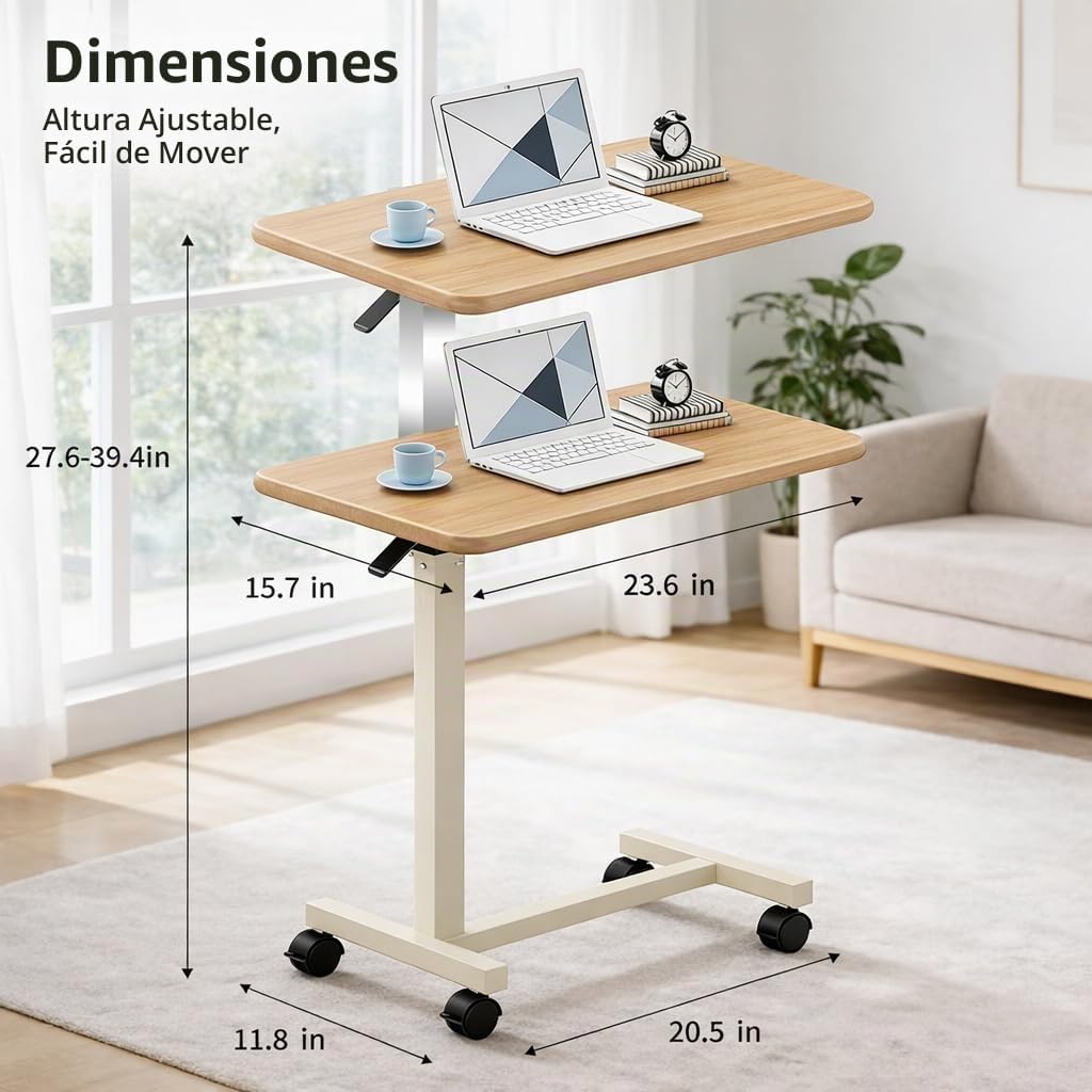 Mesa de noche ajustable con ruedas, mesa de noche neumática con elevación de altura, escritorio de pie para uso doméstico y oficina, ideal para personas mayores y movilidad limitada (blanco nogal)