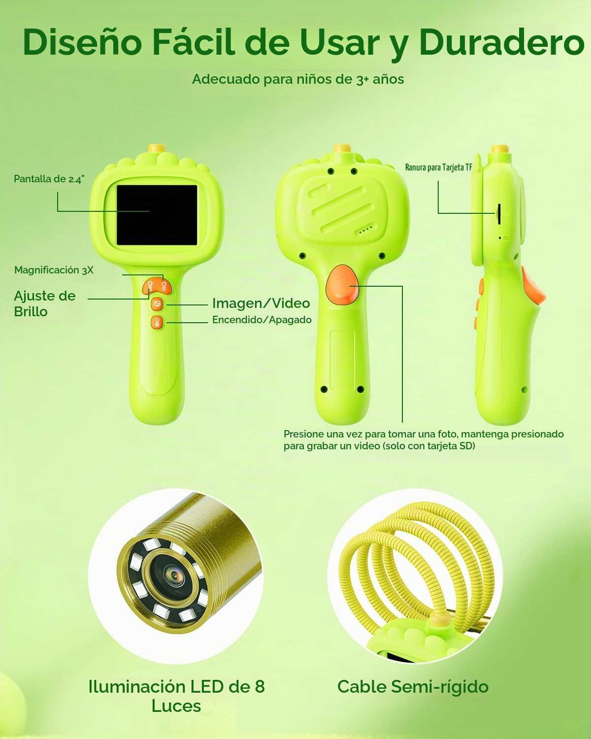 Cámara de boroscopio con luz para niños, juguete educativo Ashfly STEM Science para niños y niñas de 3, 4, 5, 6, 7, 8 años, pantalla de 2.4 pulgadas, cámara de alcance de serpiente para cumpleaños, campamento al aire libre, exploración de la naturaleza, v