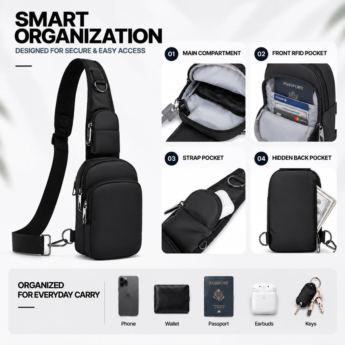 Bolso bandolera antirrobo, bandolera compacta con bloqueo RFID