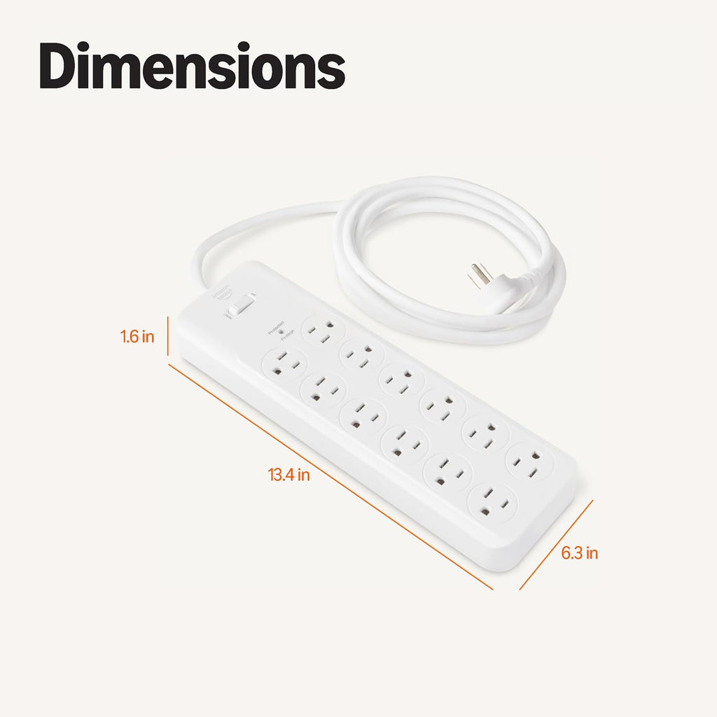 Amazon Basics Regleta protectora contra sobretensiones de 12 tomas, 4000 julios, cable de extensión de 8 pies, rectangular, para el hogar, oficina, sala de juegos, color blanco
