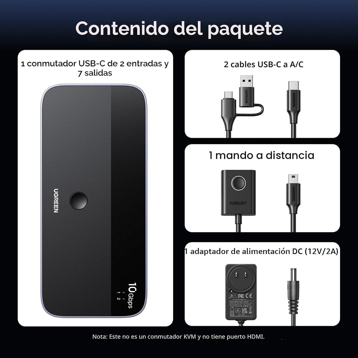 UGREEN Interruptor USB 3.2 de 2 entradas y 7 salidas, interruptor d...