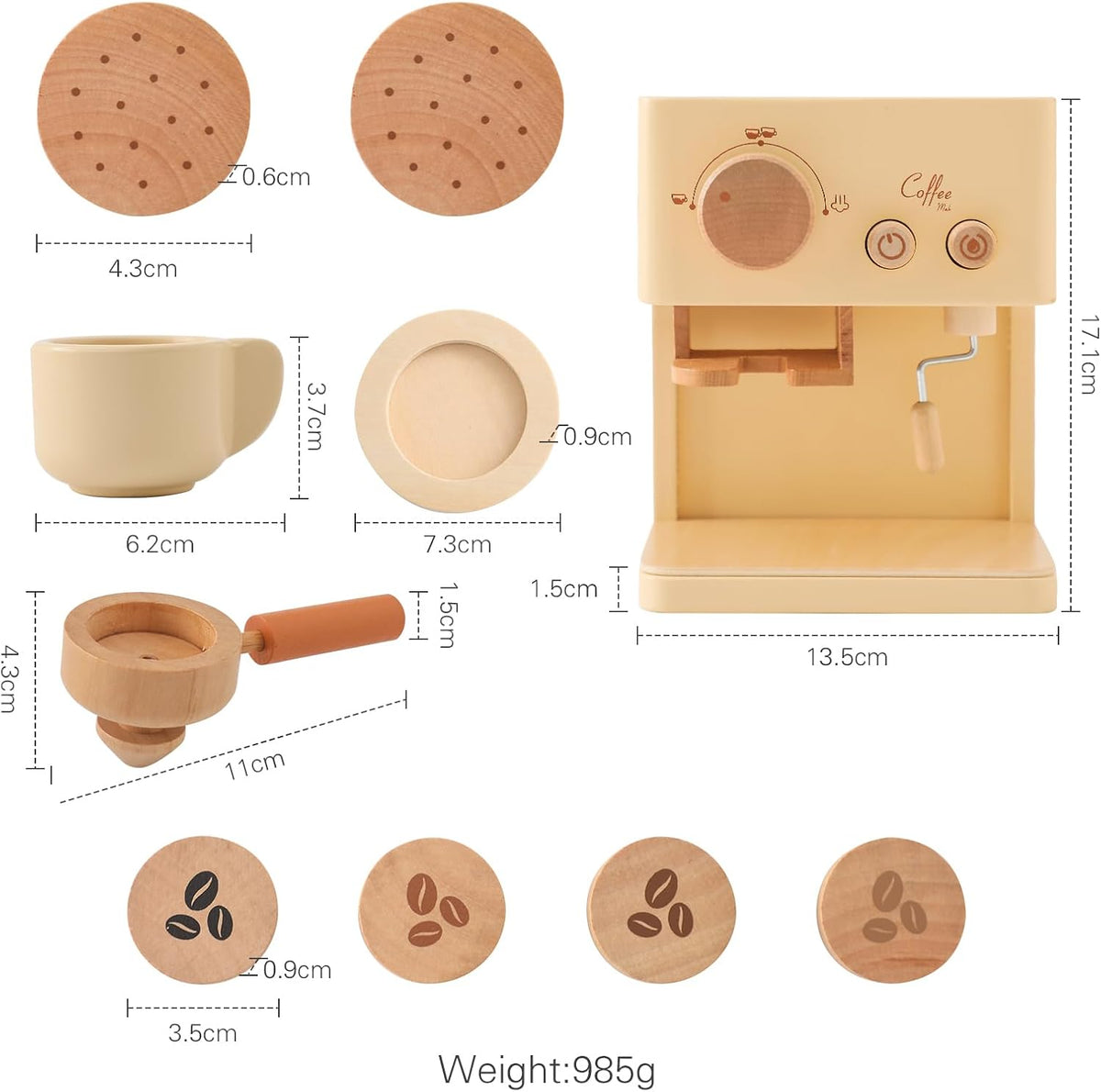 ibwaae Cafetera para niños, 10 piezas, juego de cafetera de juguete, juego de cocina de madera, juguetes para niños pequeños, accesorios de cocina, juegos de comida de juego de simulación para niñas y