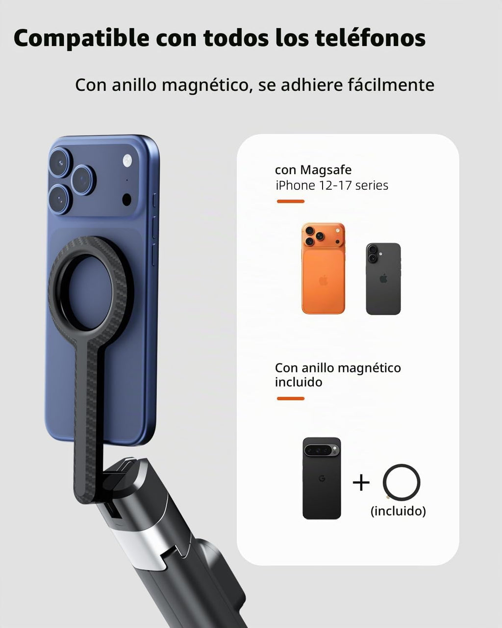 TODI Trípode magnético de 60 pulgadas para iPhone, mini palo magnético selfie stick compatible con iPhone serie 12-17 con anillo de metal